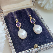 Load image into Gallery viewer, Amethyst and Pearl Drop Earrings in 18ct Yellow Gold
