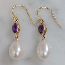Load image into Gallery viewer, Amethyst and Pearl Drop Earrings in 18ct Yellow Gold
