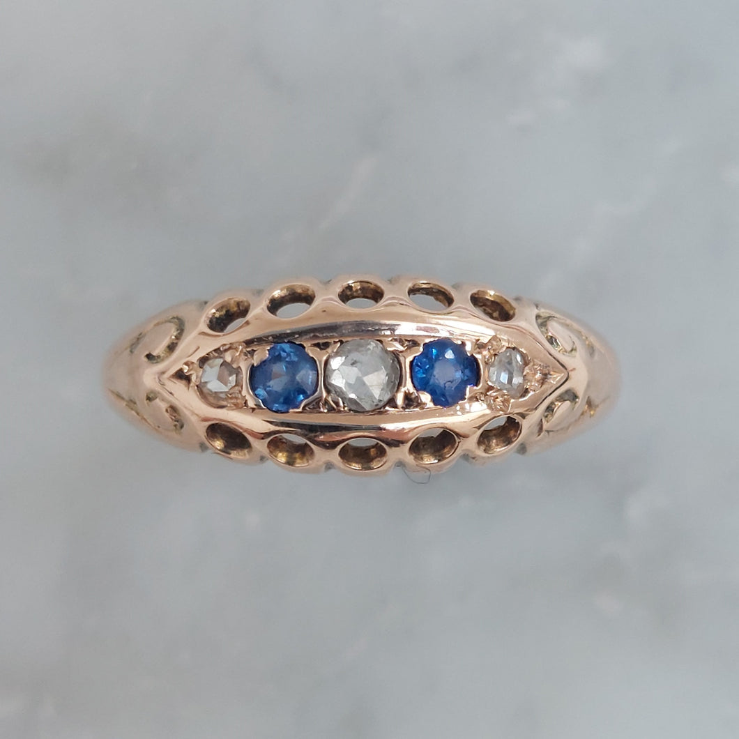 Antique Art Deco Sapphire and Rose Cut Diamond Boat Ring
