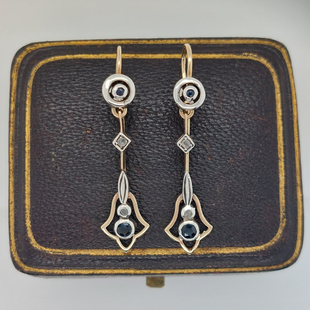 Early Art Deco Antique Sapphire and Diamond Drop Earrings