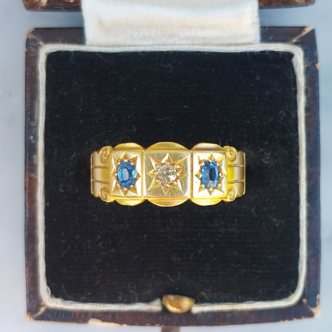 Edwardian Antique Old Cut Diamond and Sapphire 18ct Gold Band Ring