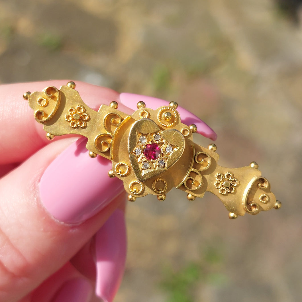 Edwardian Antique Spinel and Diamond Heart Gold Brooch