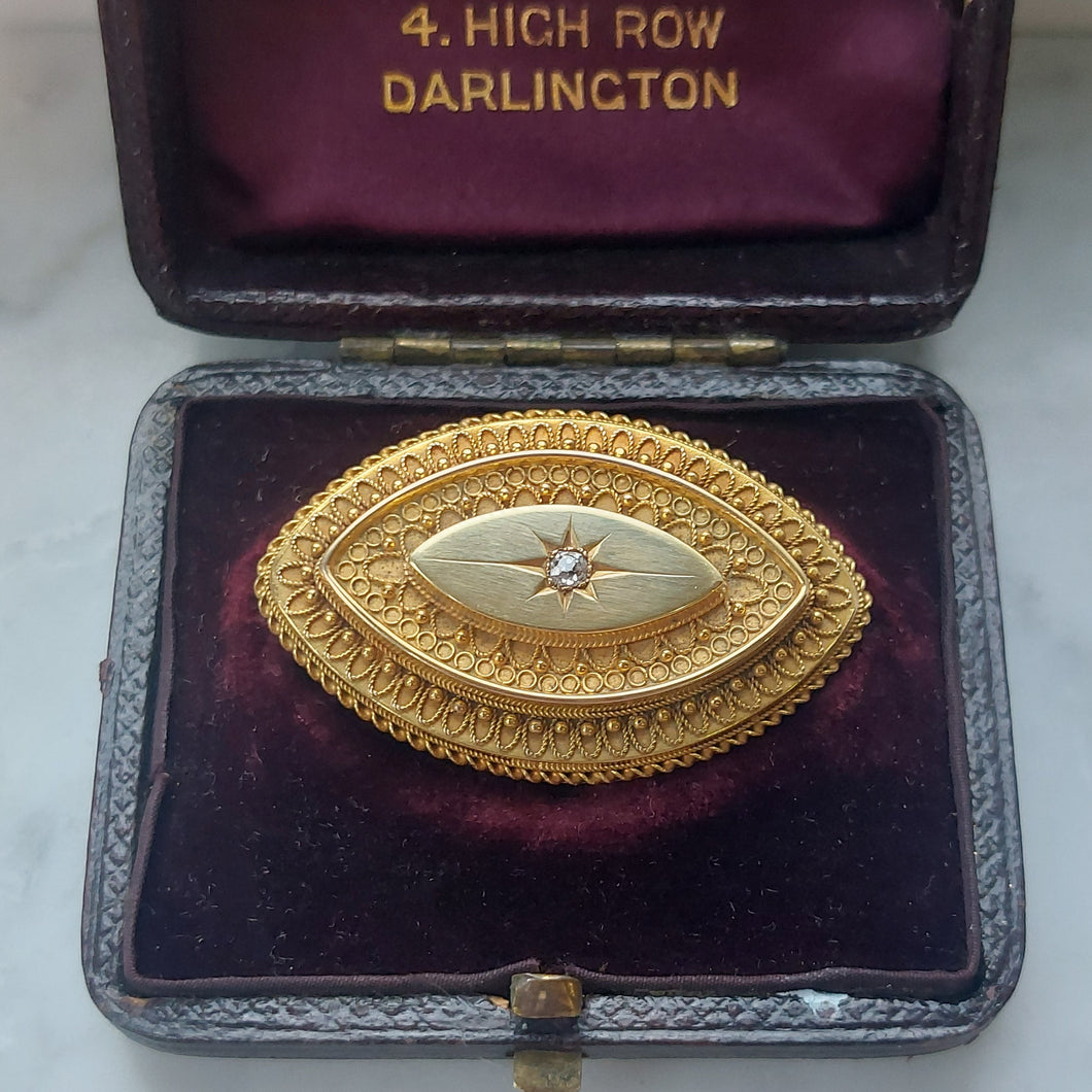 Etruscan Revival Diamond Set Gold Locket Brooch with original box