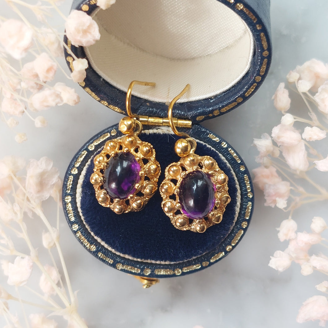 Etruscan Style Vintage 2.50ct Amethyst and Gold Cluster Drop Earrings