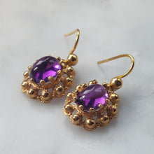 Load image into Gallery viewer, Etruscan Style Vintage 2.50ct Amethyst and Gold Cluster Drop Earrings
