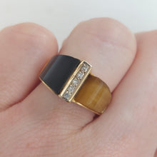 Load image into Gallery viewer, Onyx Tiger&#39;s Eye and Diamond Vintage Statement Ring in 18ct gold
