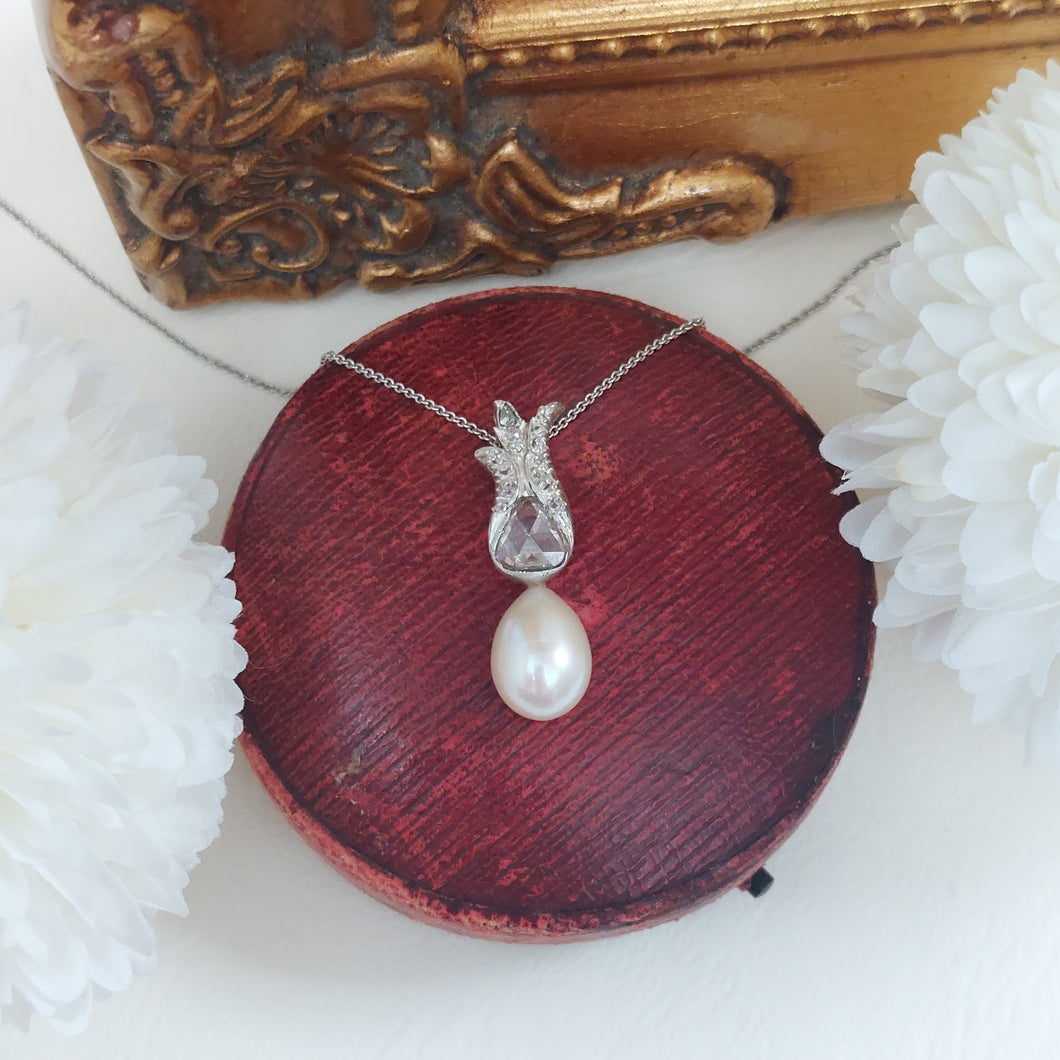 Rose Cut Diamond and Pearl Vintage Pendant Necklace