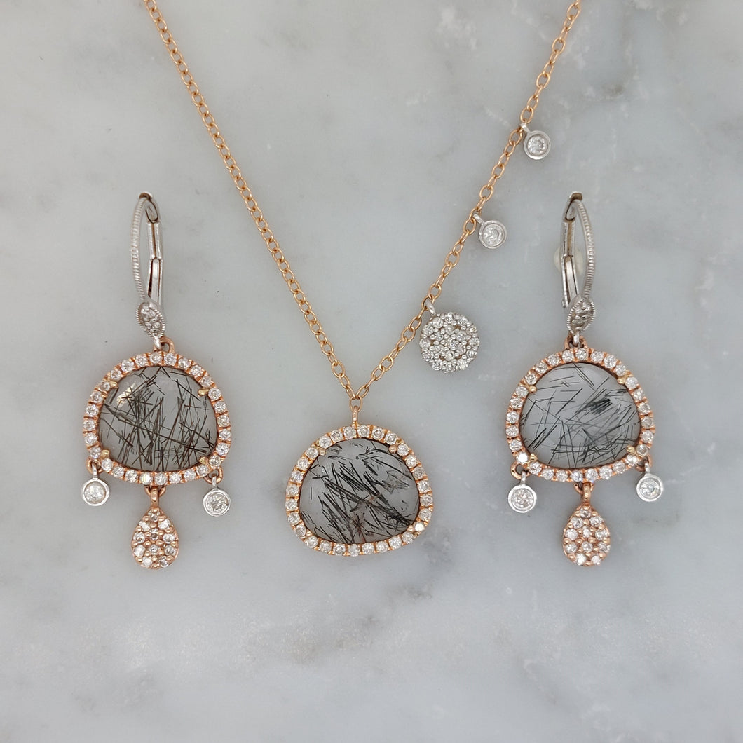 Rutilated Quartz and Diamond Earring and Necklace Set in 14ct Rose Gold