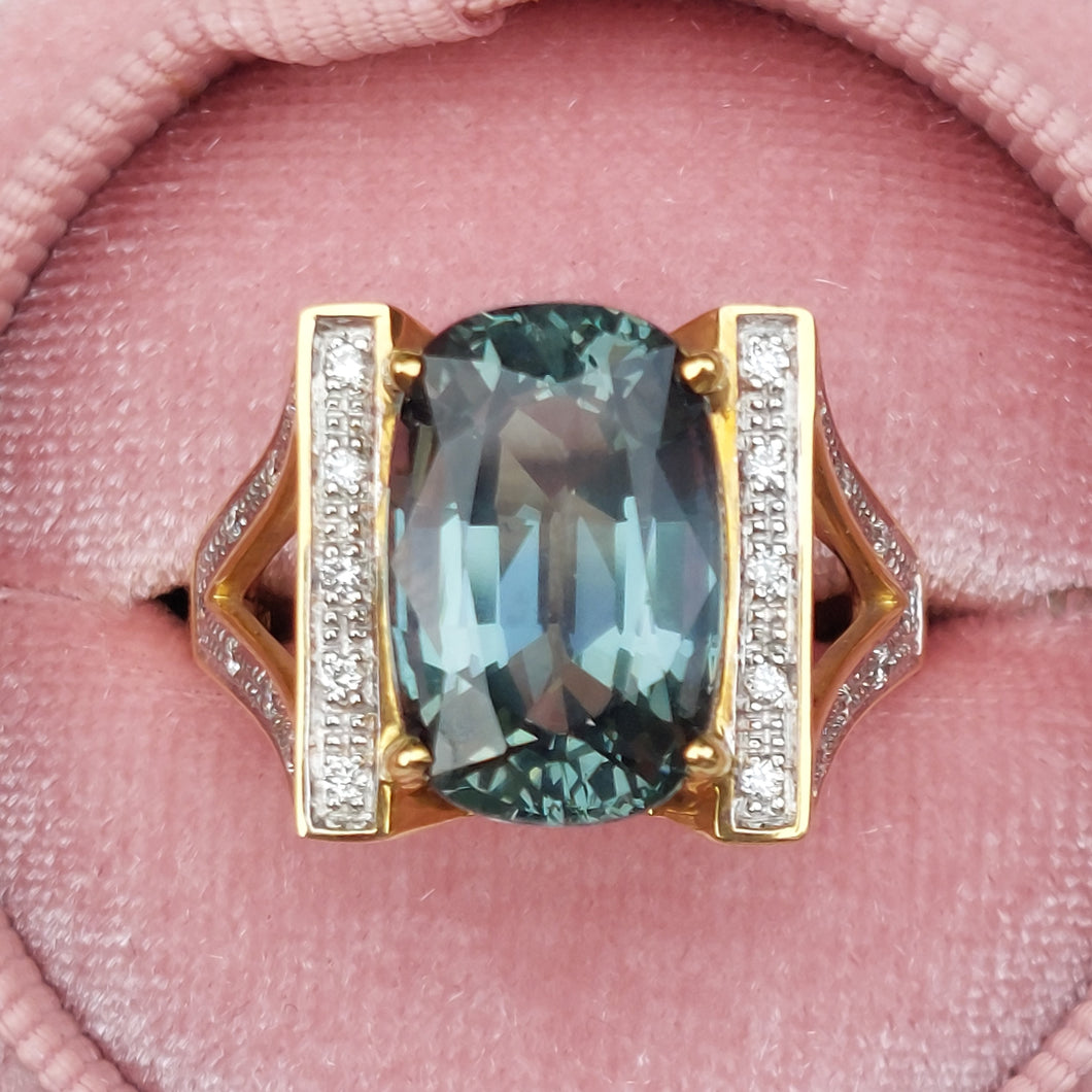 Teal Blue Zoisite and Diamond Ring in 18ct Gold