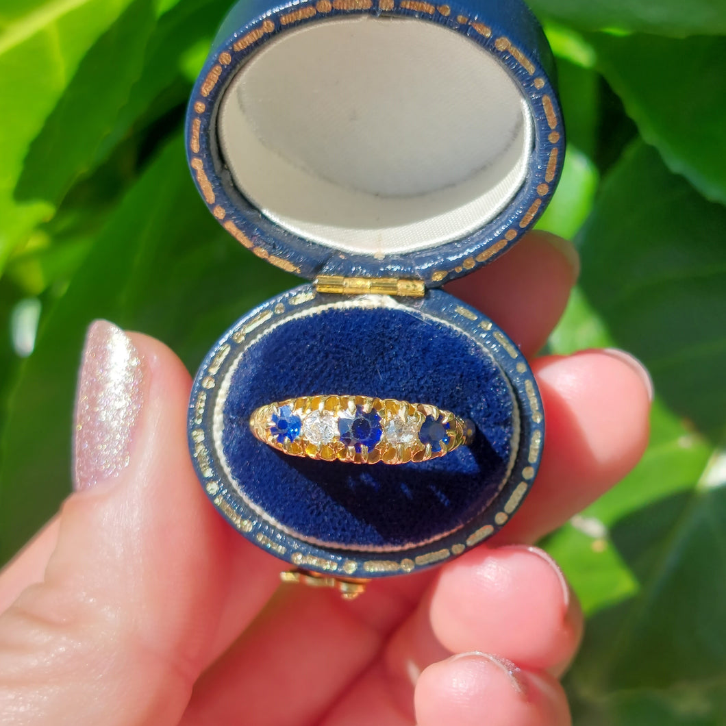 Victorian Antique Sapphire and Diamond Five Stone Ring in 18ct Yellow Gold