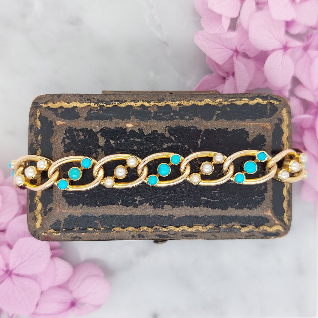 Victorian Antique Turquoise and Pearl 15ct Gold Bracelet