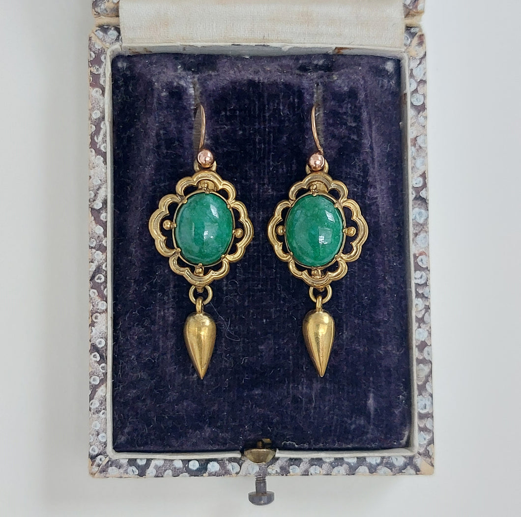 Victorian Style Jade Drop Earrings in 9ct Yellow Gold