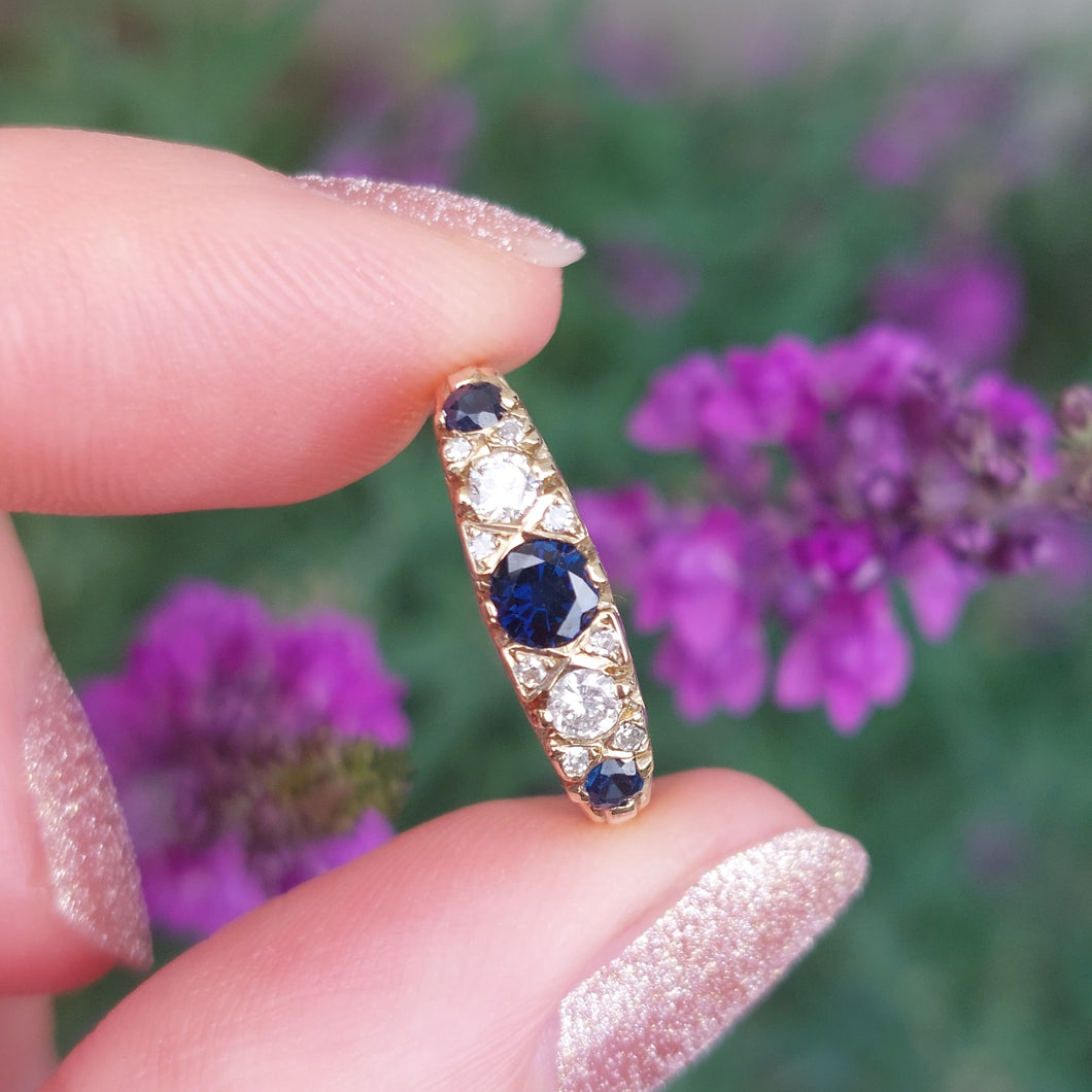Victorian Style Sapphire and Diamond Five Stone Carved Hoop Ring in 9ct Yellow Gold