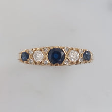Load image into Gallery viewer, Victorian Style Sapphire and Diamond Five Stone Carved Hoop Ring in 9ct Yellow Gold
