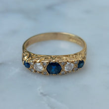 Load image into Gallery viewer, Victorian Style Sapphire and Diamond Five Stone Carved Hoop Ring in 9ct Yellow Gold
