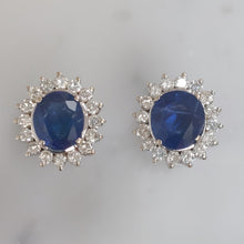 Load image into Gallery viewer, Vintage 2.70ct Sapphire and Diamond Oval Cluster Earrings in 18ct white gold
