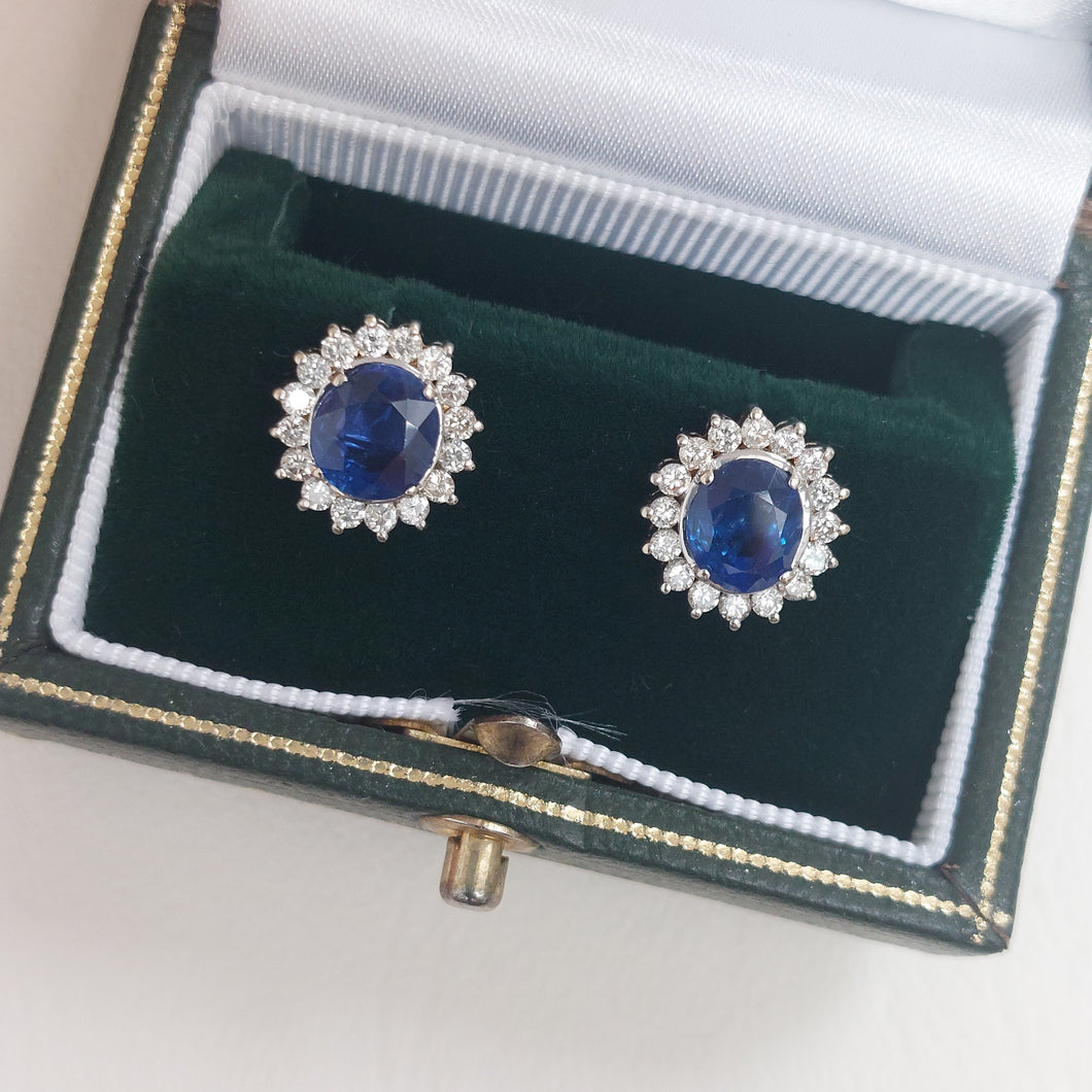 Vintage 2.70ct Sapphire and Diamond Oval Cluster Earrings in 18ct white gold