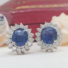 Load image into Gallery viewer, Vintage 2.70ct Sapphire and Diamond Oval Cluster Earrings in 18ct white gold
