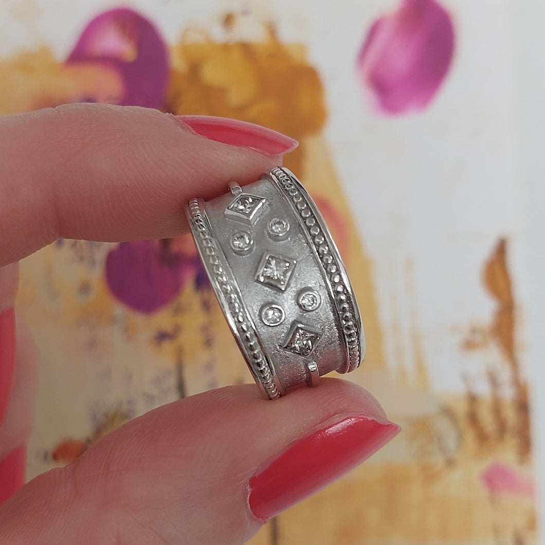 Vintage Byzantine 0.35ct Diamond Set 18ct Gold Wide Band Ring