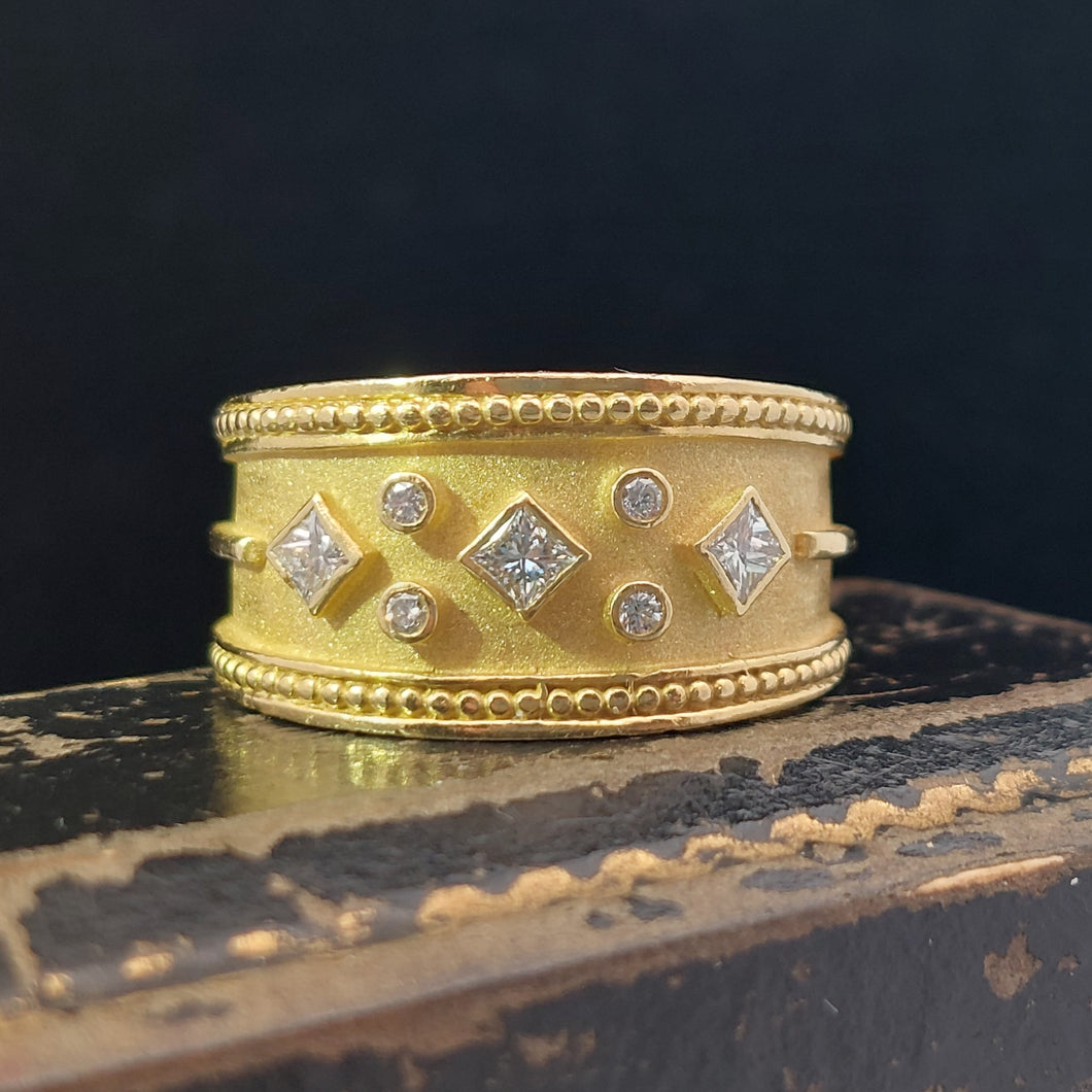 Vintage Byzantine 0.35ct Diamond Set 18ct Gold Wide Band Ring