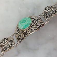 Load image into Gallery viewer, Vintage Chinese Jade Ornate Silver Bracelet ~ Circa 1940 ~ Chrysanthemum Flower
