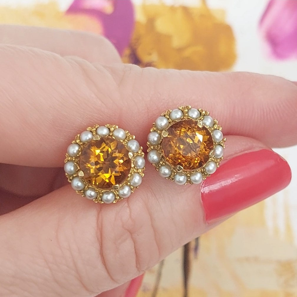 Vintage Citrine and Pearl Cluster Stud Earring in 9ct Yellow Gold