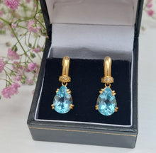 Load image into Gallery viewer, 7ct Blue Topaz and Diamond 18ct Gold Drop Earrings
