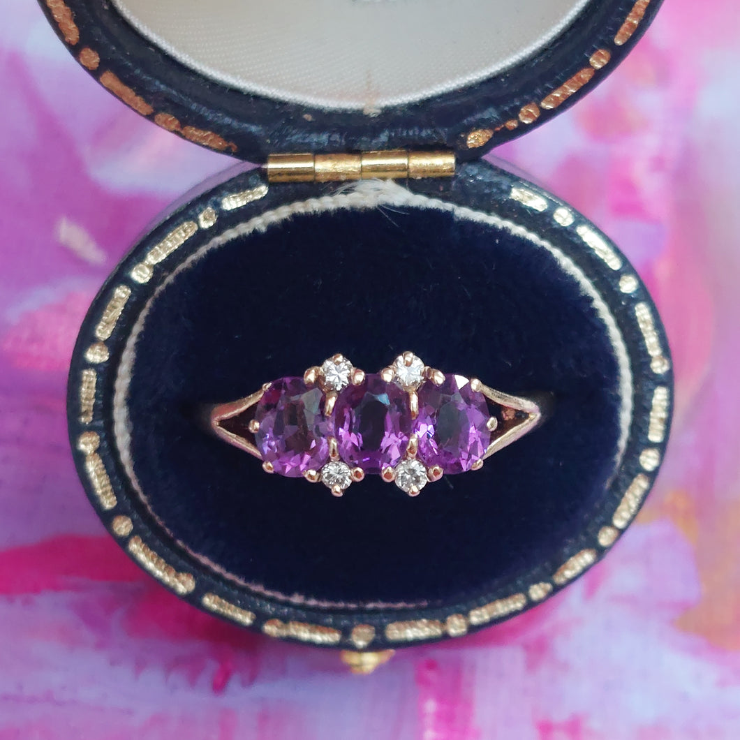 Amethyst Three Stone Ring with Diamond Accents
