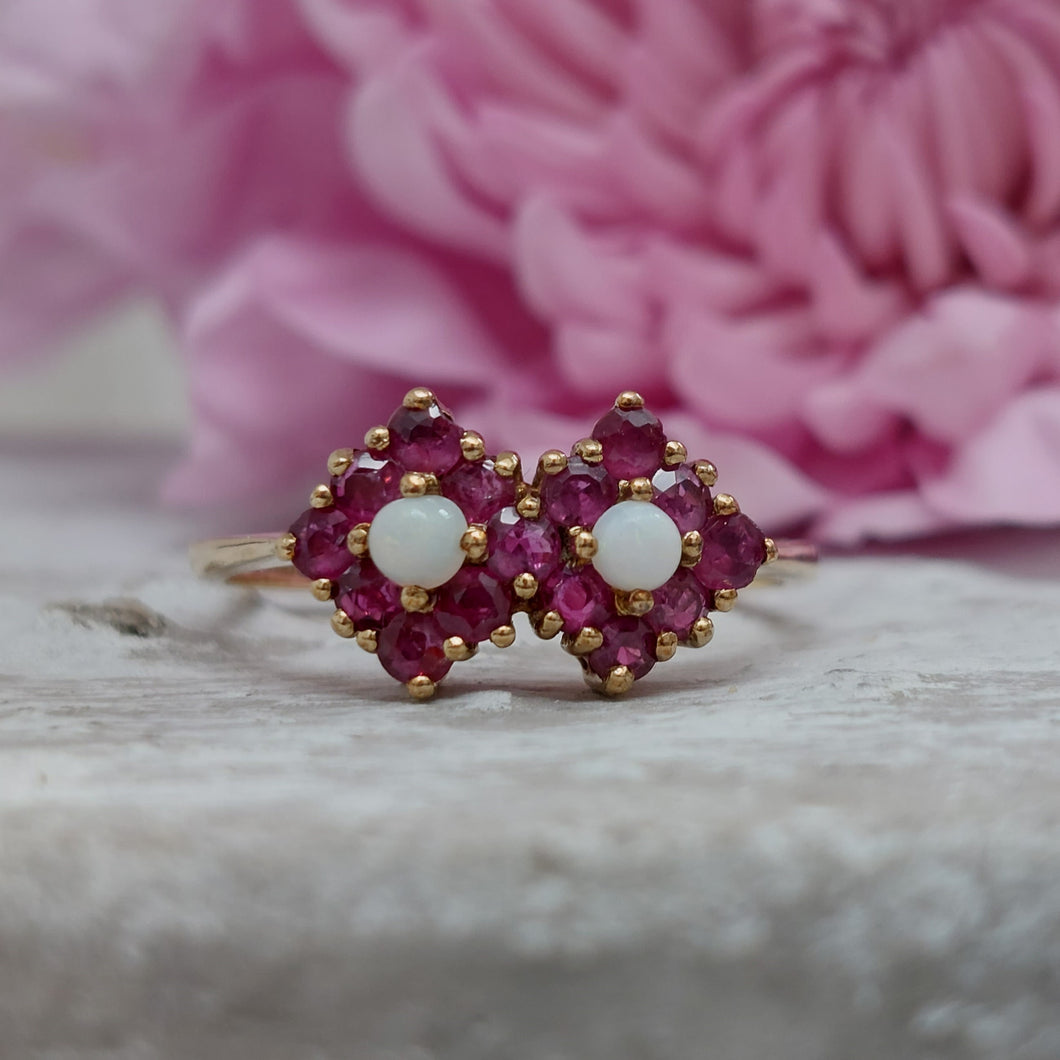 Double Garnet and Opal Square Cluster Ring in 9ct Gold