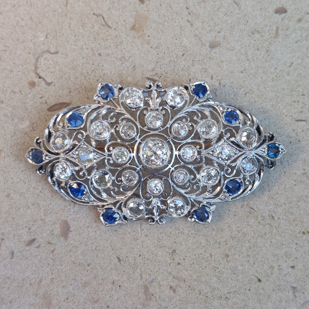 Edwardian Antique 4.50ct Old Mine Cut Diamond and Sapphire Brooch