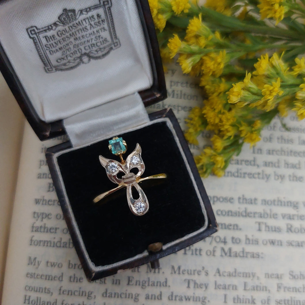 Floral Art Nouveau Style Vintage Emerald and Diamond Ring