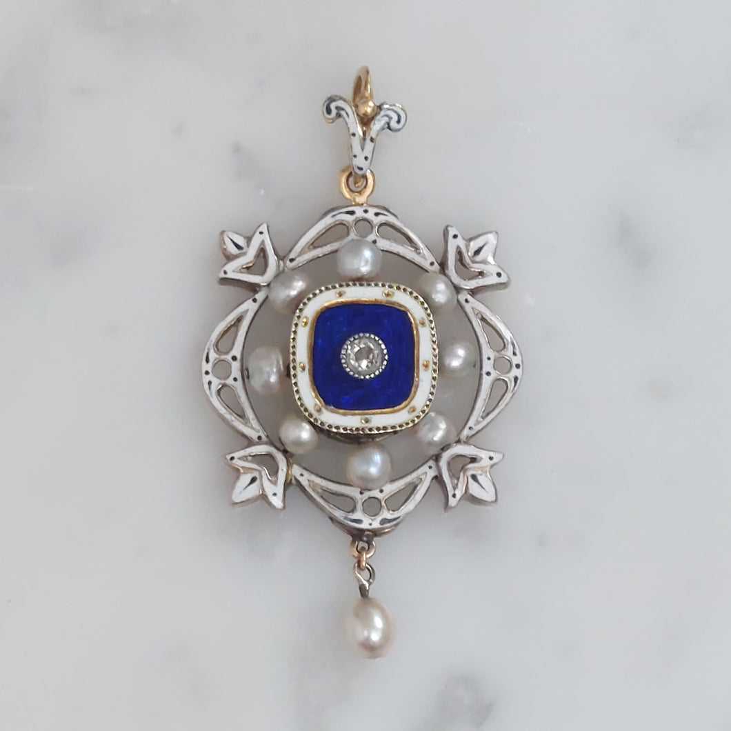 Holbeinesque Antique Pearl Enamel Diamond Pendant Brooch