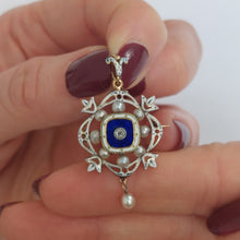 Load image into Gallery viewer, Holbeinesque Antique Pearl Enamel Diamond Pendant Brooch
