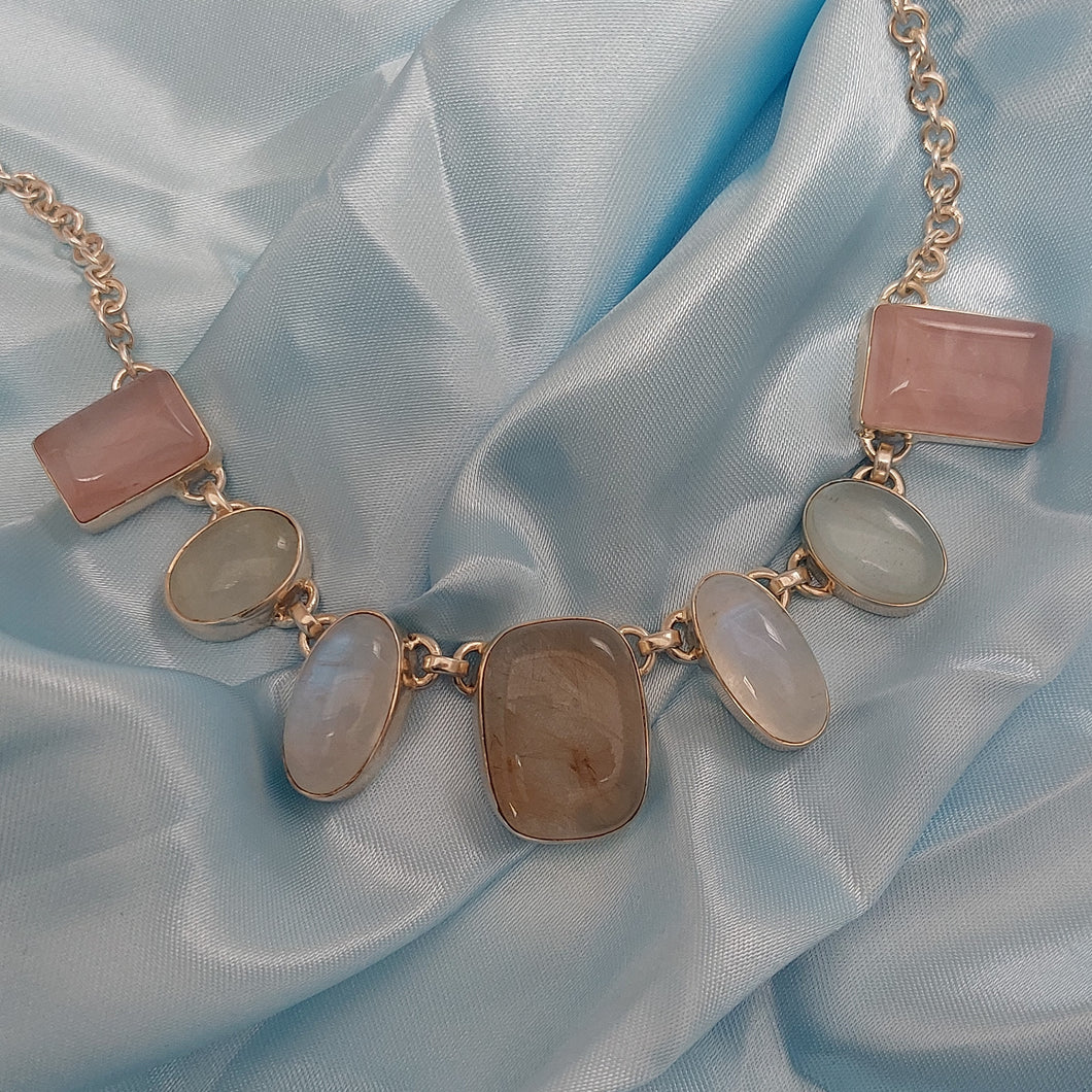 Moonstone Rose and Rutilated Quartz Sterling Silver Bib Necklace