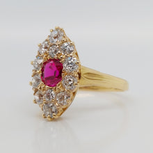 Load image into Gallery viewer, Ruby and Old Mine Cut Diamond Navette Cluster Antique Victorian Ring
