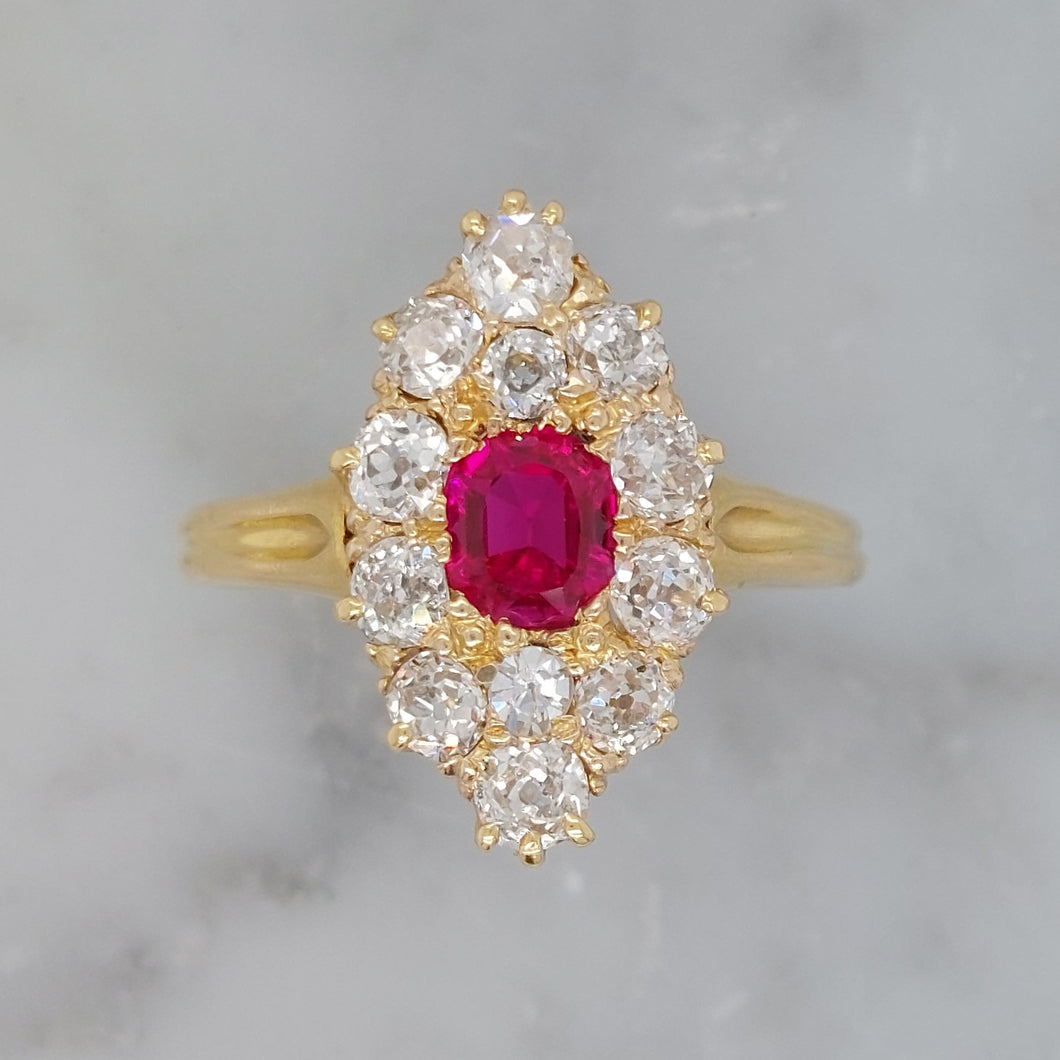 Ruby and Old Mine Cut Diamond Navette Cluster Antique Victorian Ring
