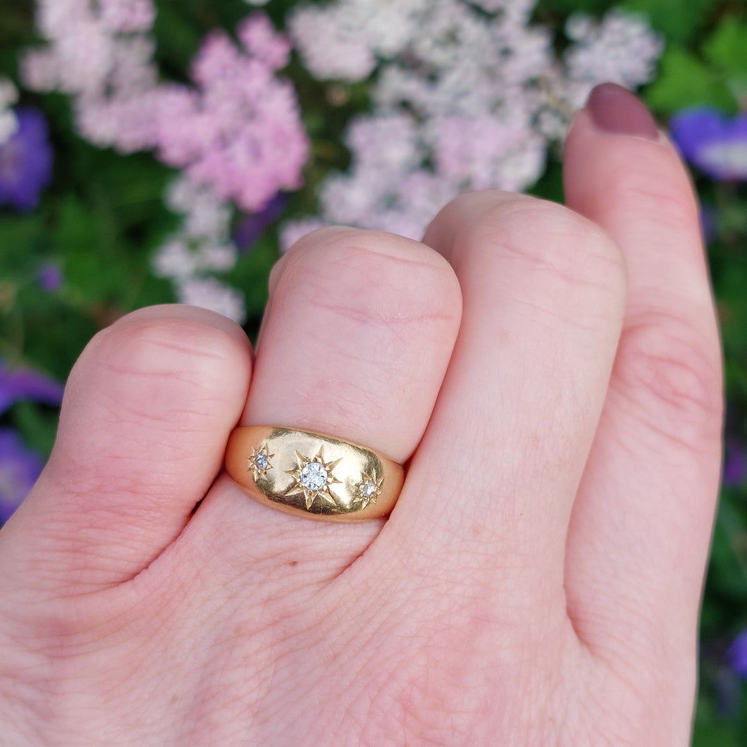 Victorian Antique 0.15ct Old Cut Diamond 18ct Gold Gypsy Set Three Stone Ring