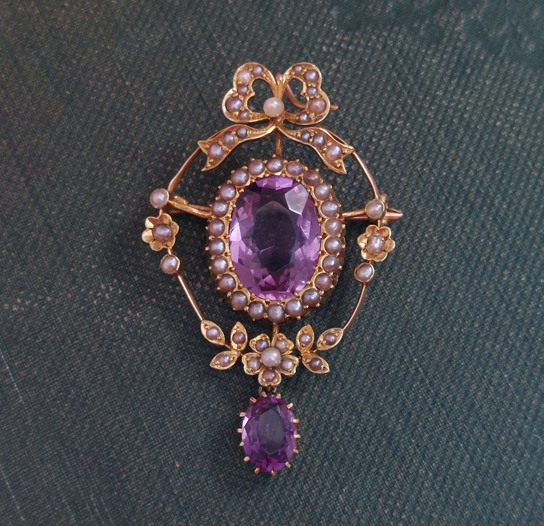 Victorian Antique Amethyst and Pearl Brooch Pendant