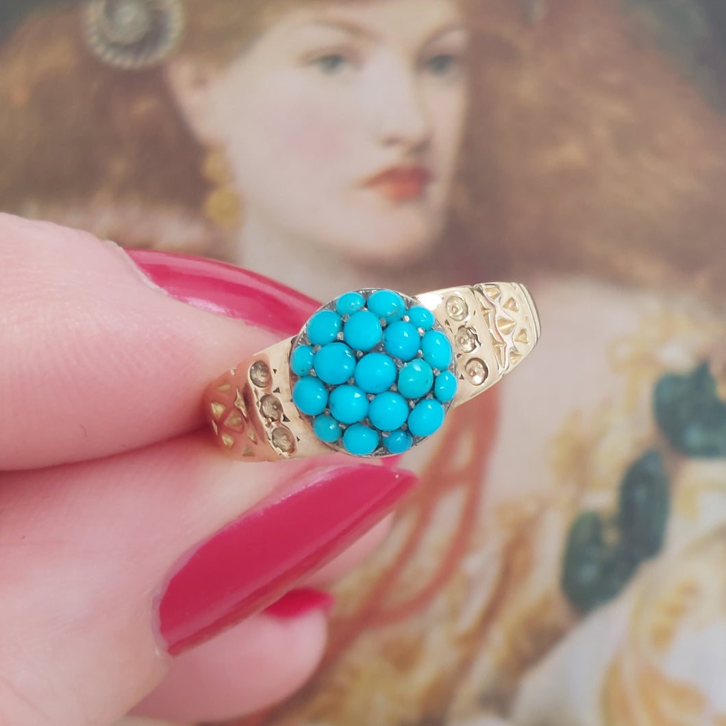 Victorian Antique Pavé Turquoise 15ct Gold Ring