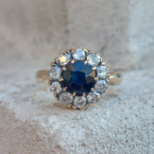 Load image into Gallery viewer, Vintage 1.25ct Sapphire and Old Cut Diamond Cluster Ring
