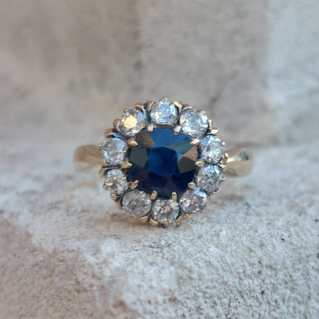 Vintage 1.25ct Sapphire and Old Cut Diamond Cluster Ring