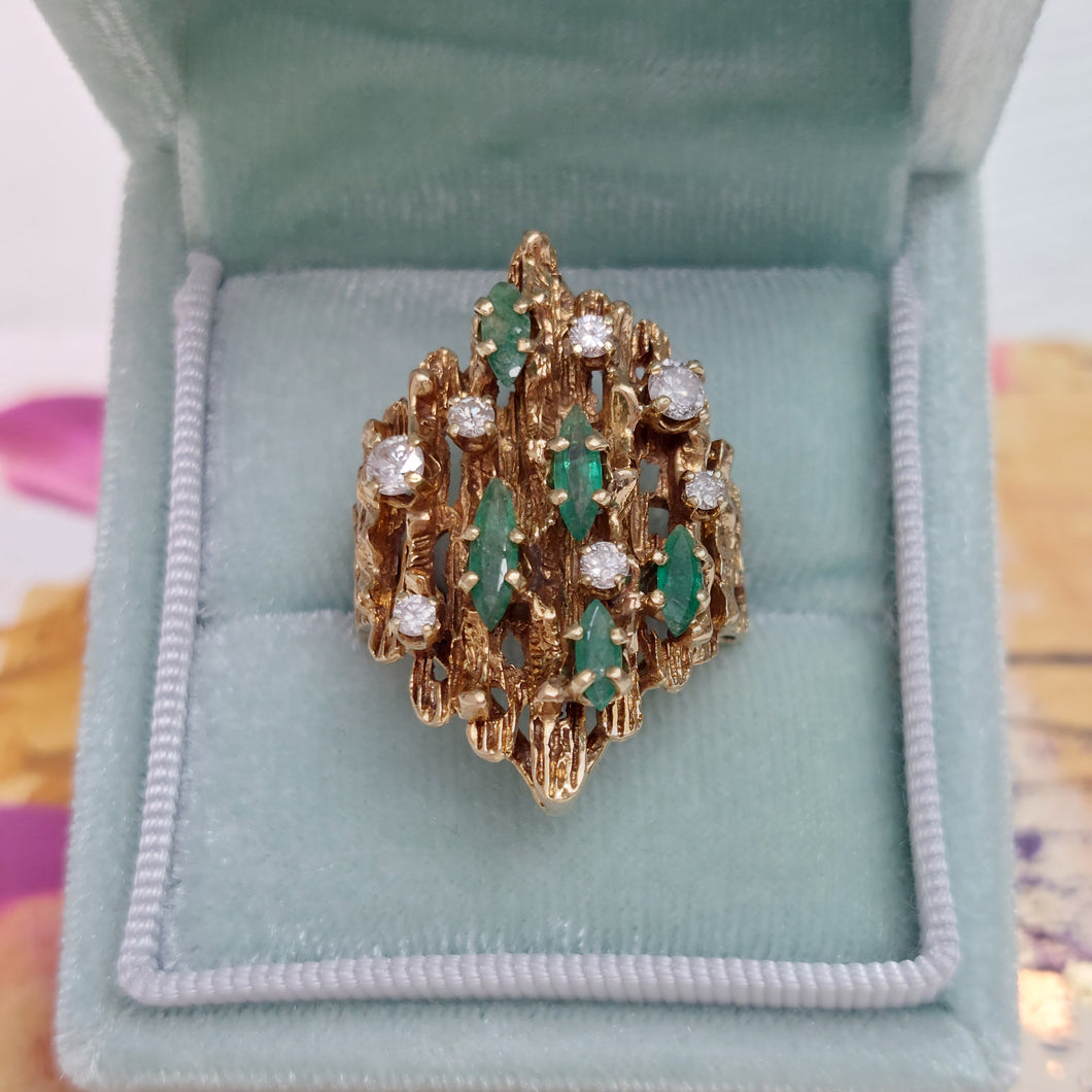 Vintage 1970s Emerald and Diamond Dress 9ct Gold Ring