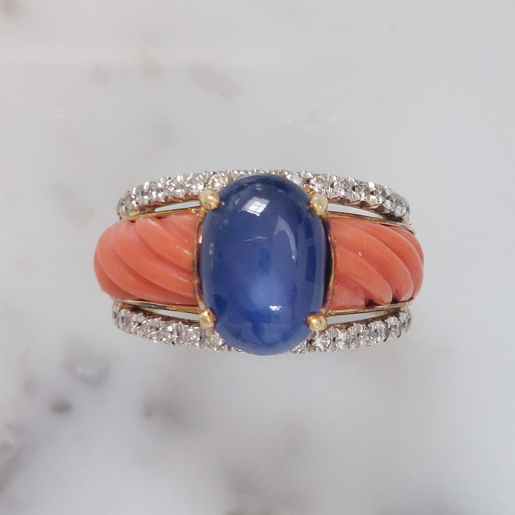 Vintage 4.85ct Star Sapphire Coral Diamond Band Ring