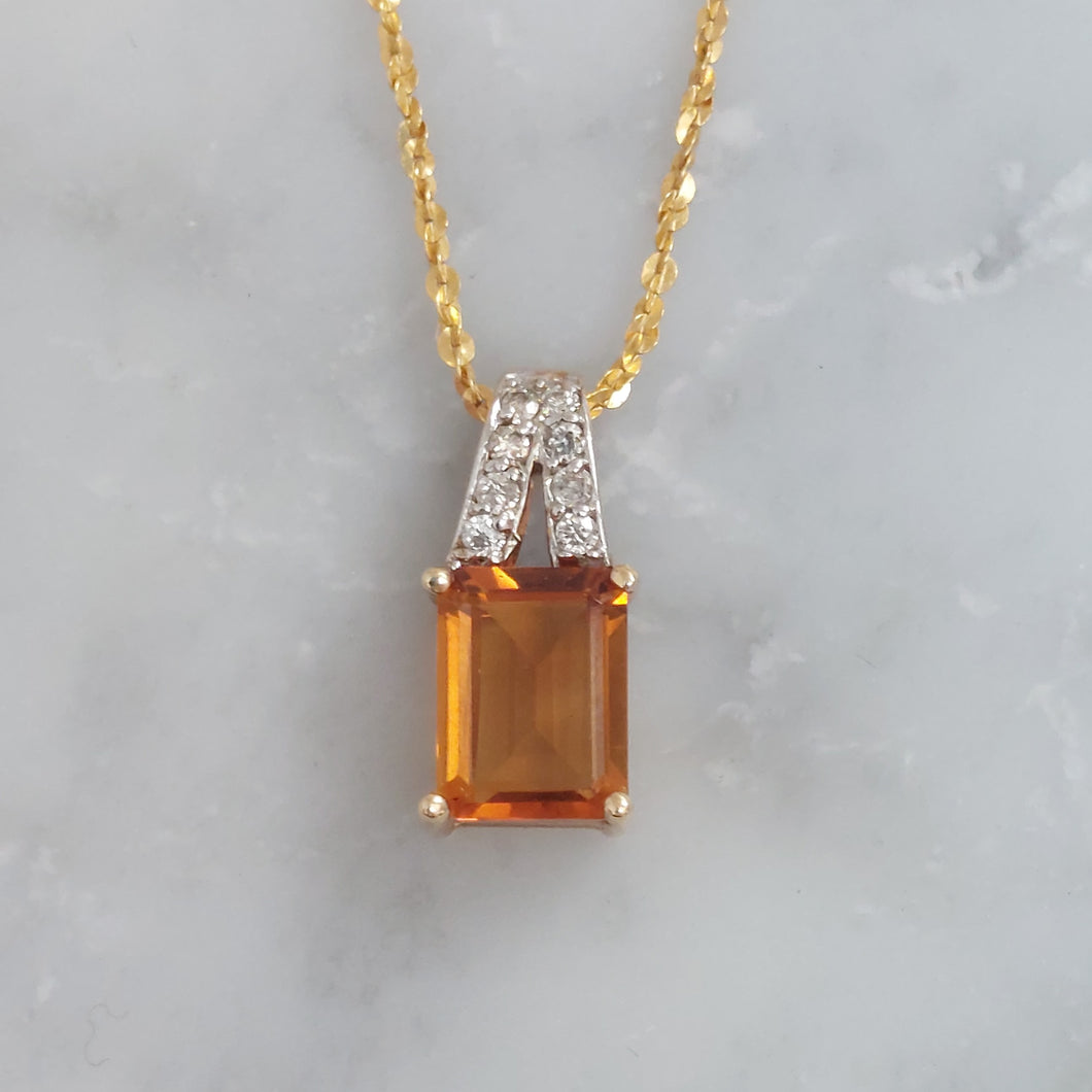 Vintage Citrine and Diamond 14ct Gold Pendant and Chain