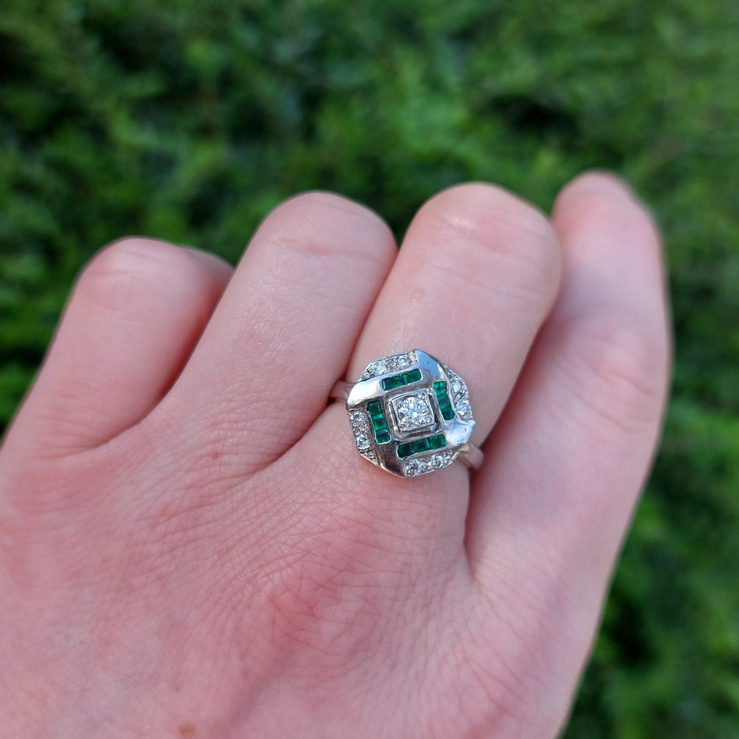 Vintage Emerald and Diamond Octagonal Cluster Ring