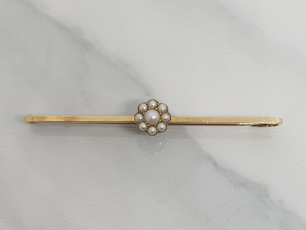 Antique Pearl Cluster 15ct Gold Bar Brooch