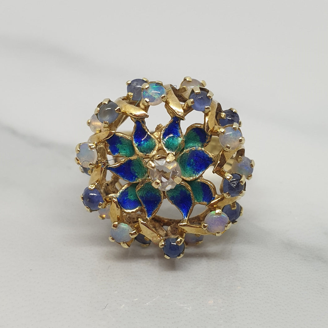 Opal Rose Cut Diamond Sapphire Enamel Vintage Gold Ring
