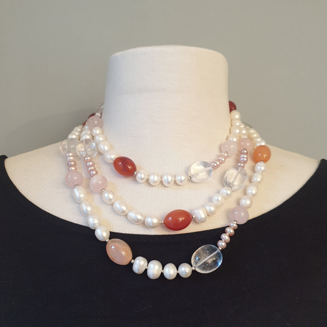 Rose Quartz, Carnelian and Pearl Opera Rope Necklace