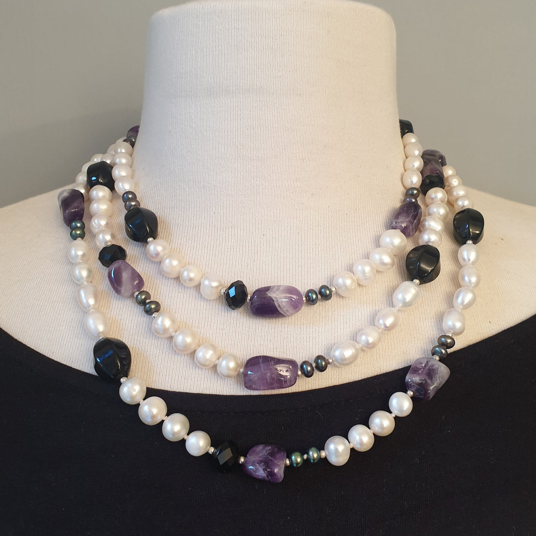 Amethyst Pearl Onyx and Silver Bead Opera Rope Necklace