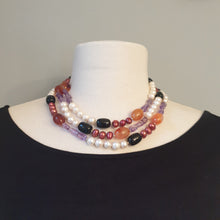 Load image into Gallery viewer, Amethyst, Carnelian, Onyx, Silver, White and Bronze Pearl Necklace
